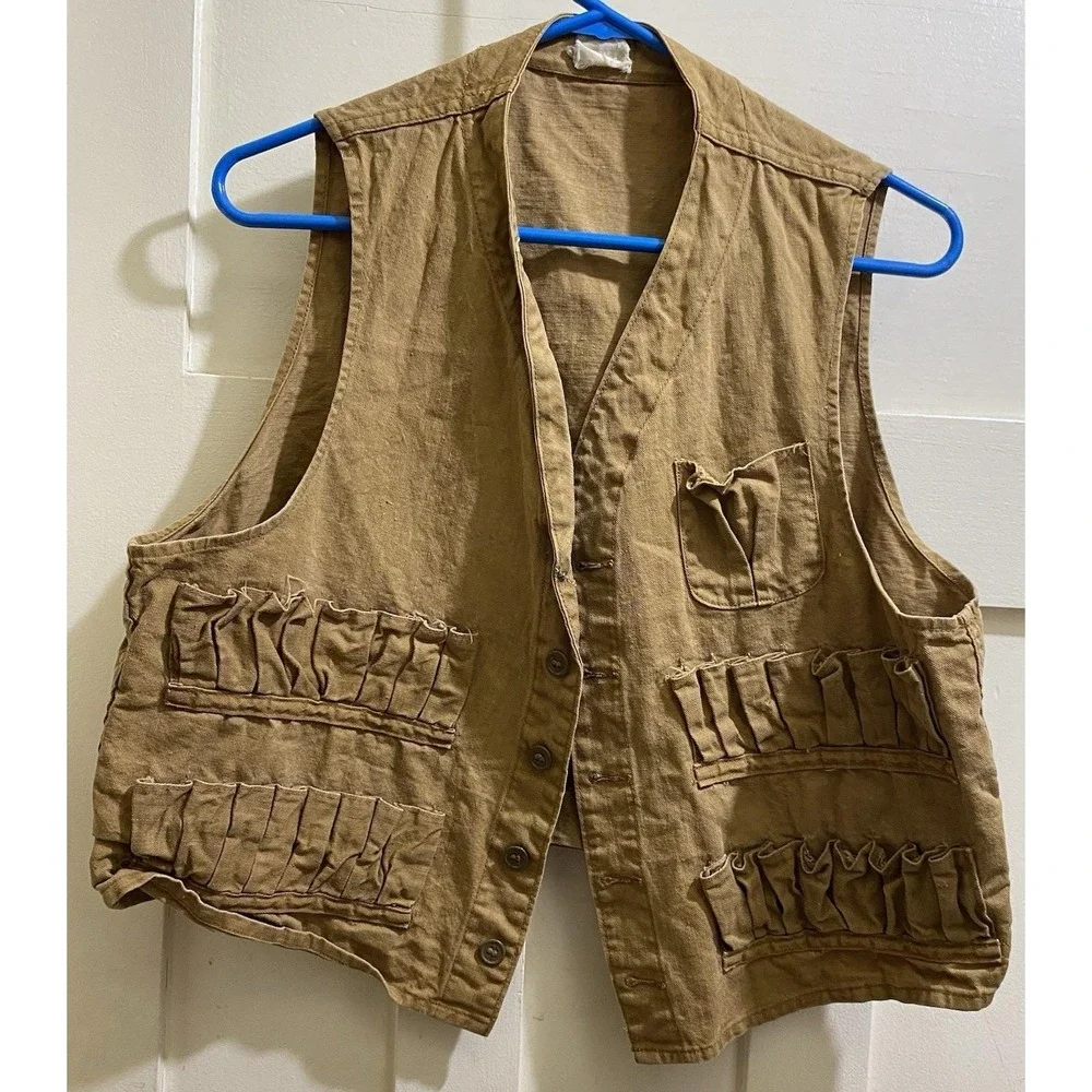 Vintage Riffle Hunting Vest Circa 1940‎ Sz Large Tan Thick Linen Fabric